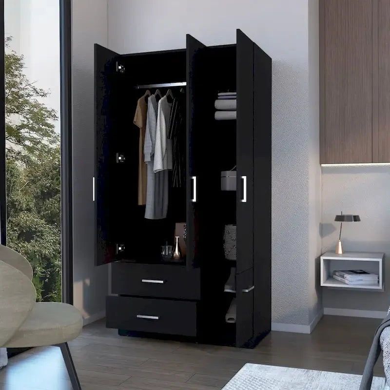 Tall Bedroom Wardrobe with 4 Doors, 2 Drawers & Hanging Rod