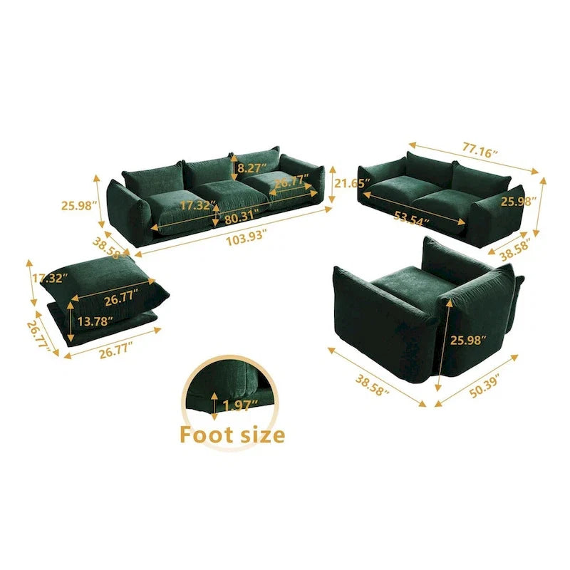 3-Piece Chenille Sofa Set with Ottoman – Armchair, Loveseat & 3-Seater Couch