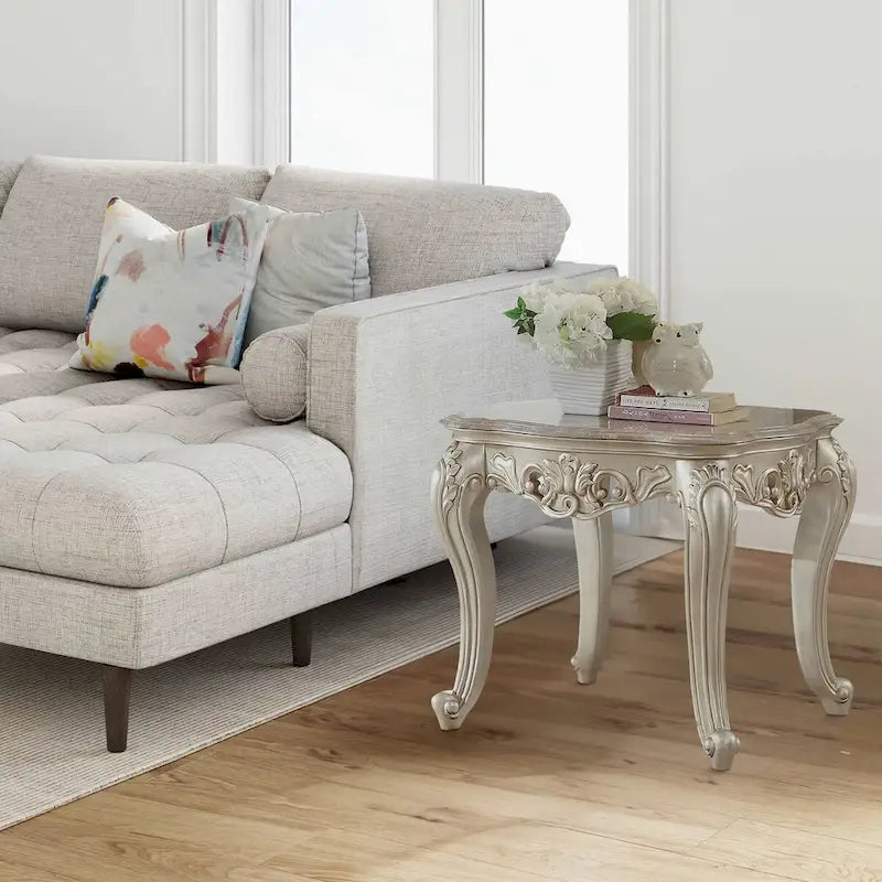 Marble Top End Table with Wood Frame and Carved Legs – Gold