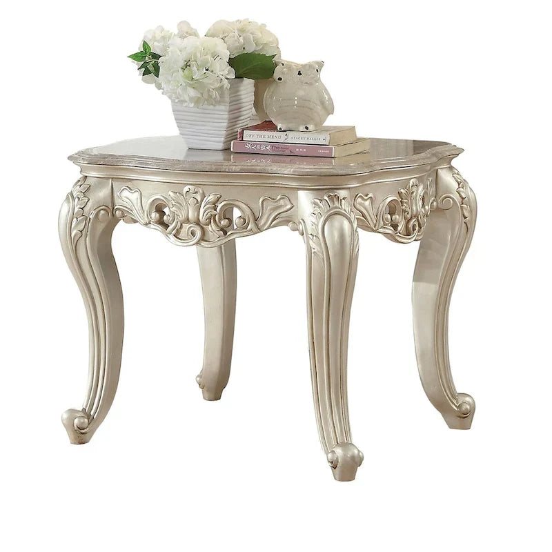Marble Top End Table with Wood Frame and Carved Legs – Gold
