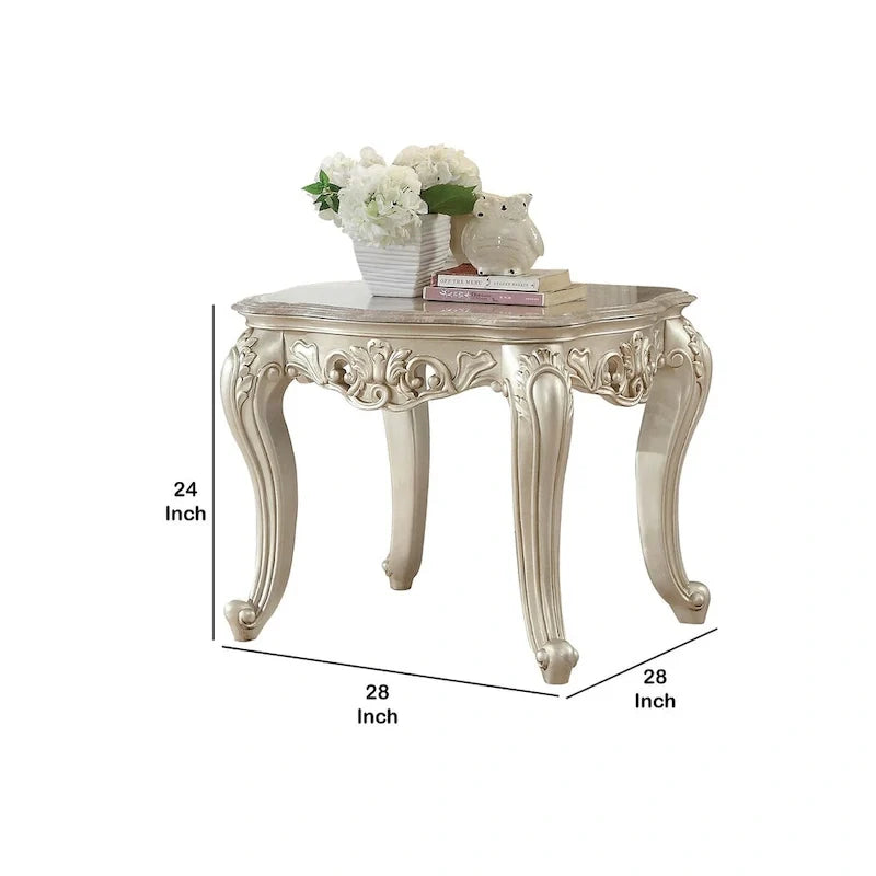 Marble Top End Table with Wood Frame and Carved Legs – Gold