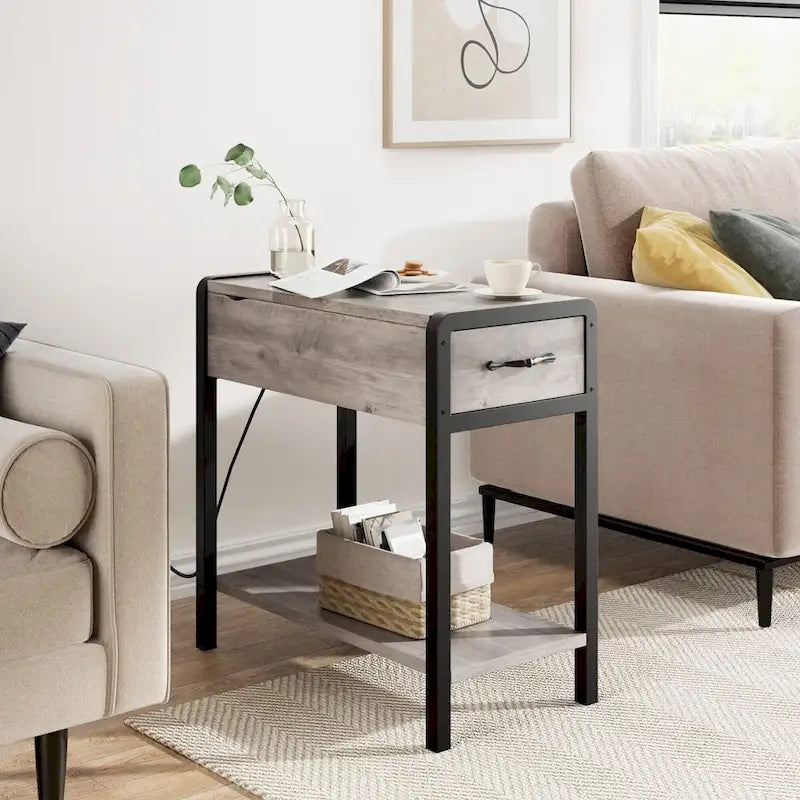 Narrow End Table with Charging Station, Drawer and Storage Shelves