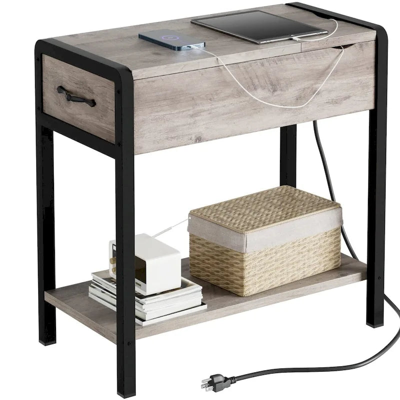 Narrow End Table with Charging Station, Drawer and Storage Shelves