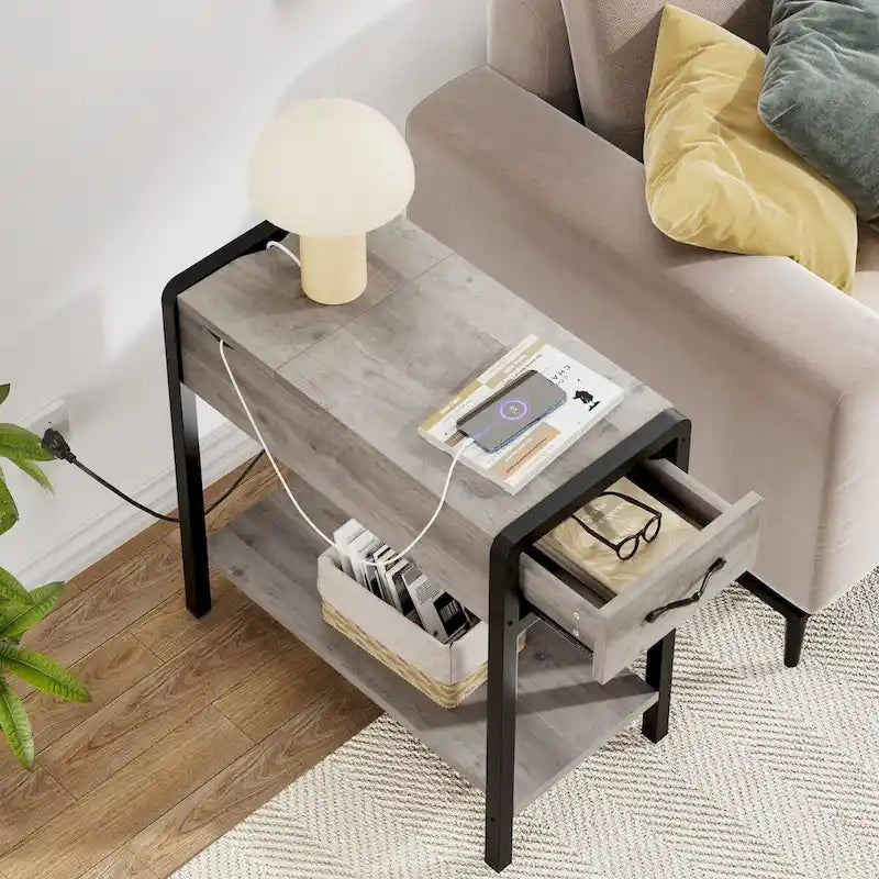 Narrow End Table with Charging Station, Drawer and Storage Shelves