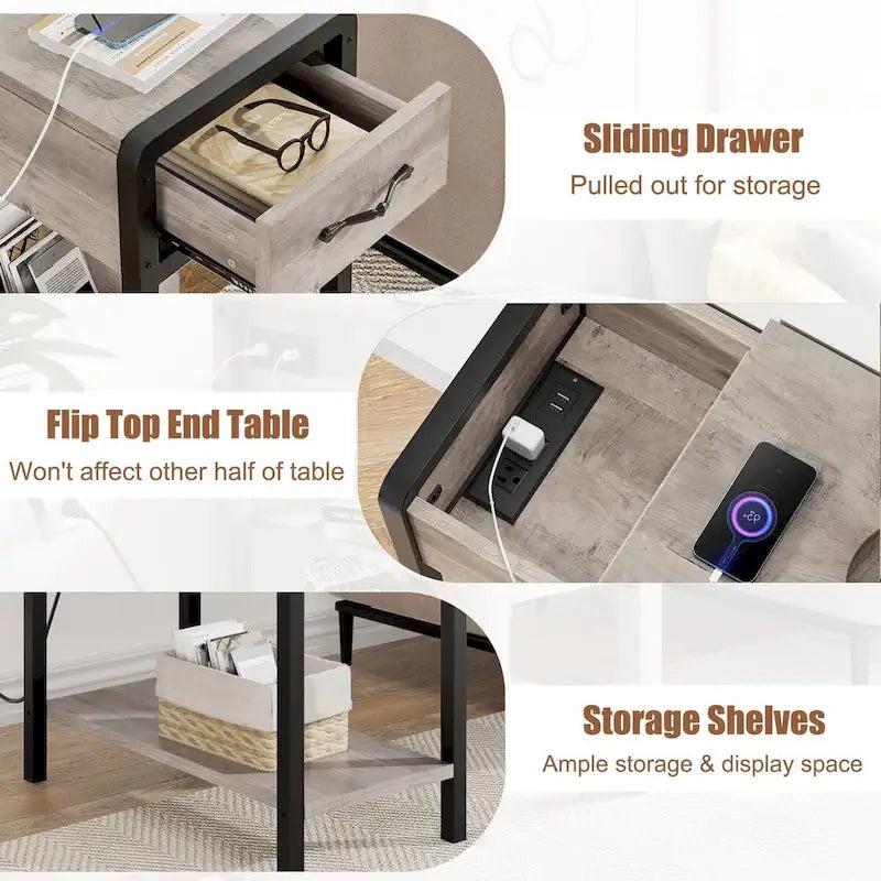 Narrow End Table with Charging Station, Drawer and Storage Shelves