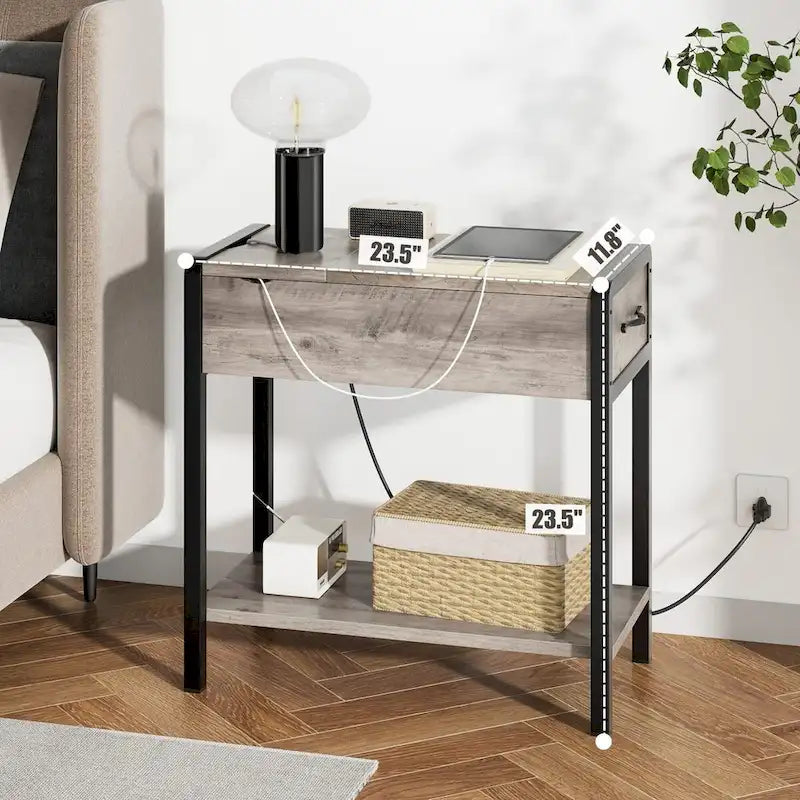 Narrow End Table with Charging Station, Drawer and Storage Shelves