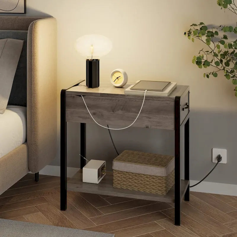 Narrow End Table with Charging Station, Drawer and Storage Shelves
