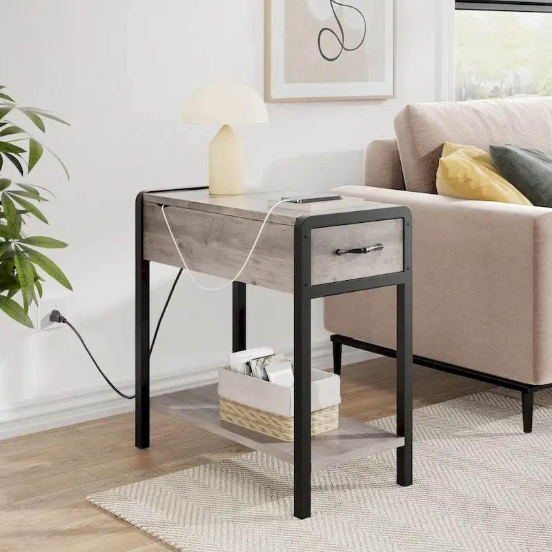 Narrow End Table with Charging Station, Drawer and Storage Shelves
