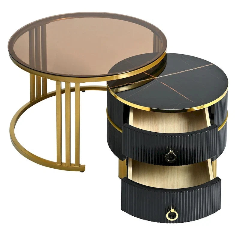 Nesting Coffee Table Set of 2, Tempered Glass Top with Iron Frame