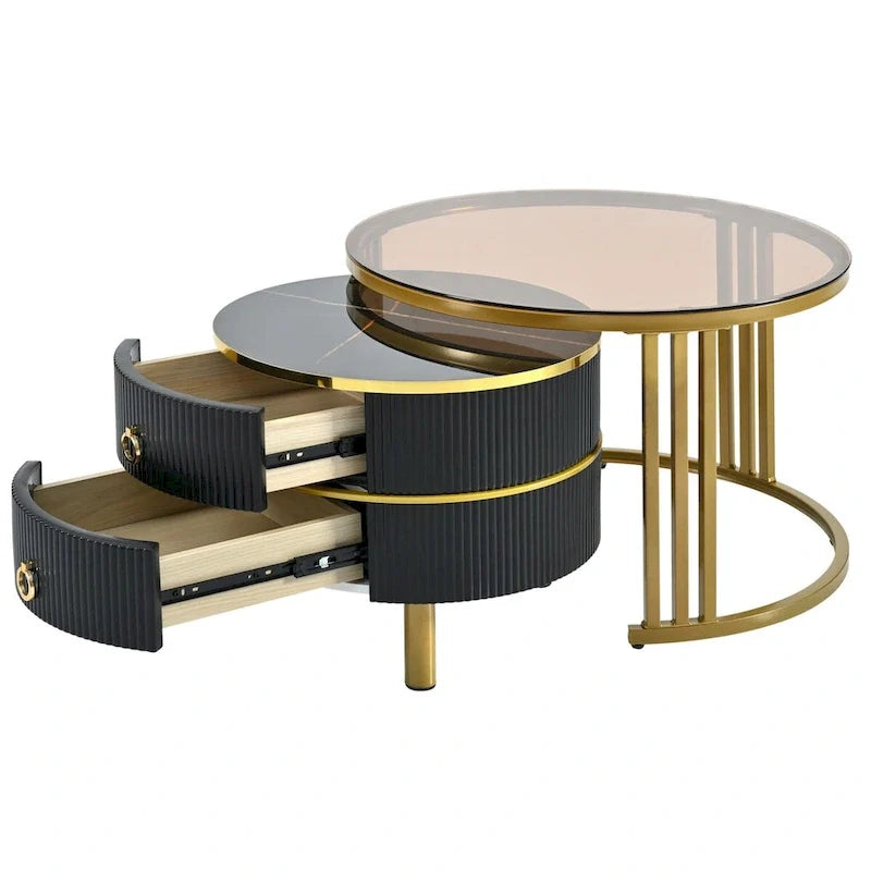 Nesting Coffee Table Set of 2, Tempered Glass Top with Iron Frame