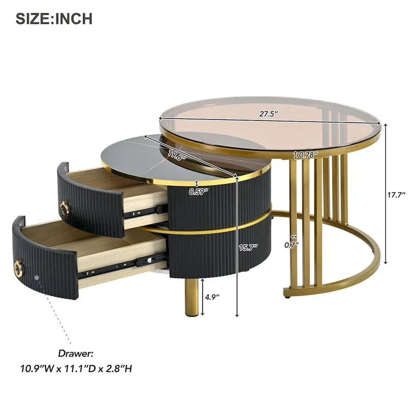 Nesting Coffee Table Set of 2, Tempered Glass Top with Iron Frame