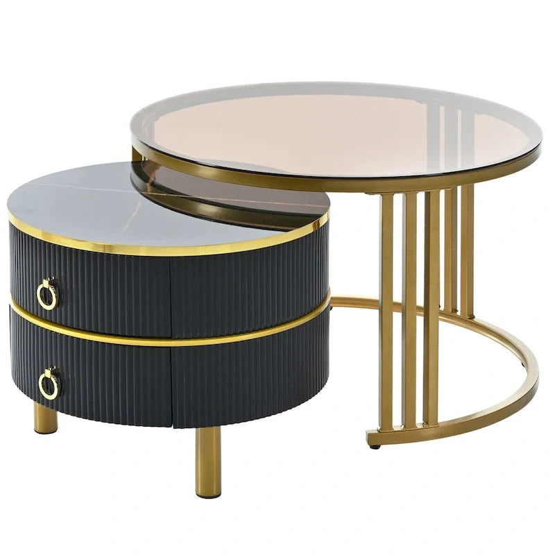 Nesting Coffee Table Set of 2, Tempered Glass Top with Iron Frame