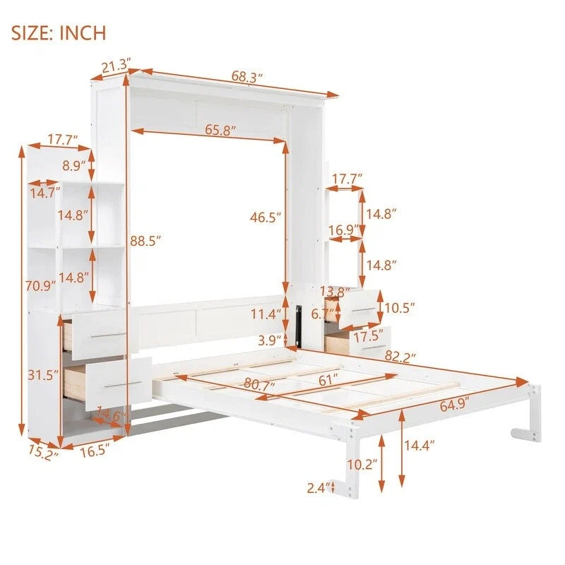 Queen Size Wall Bed with Shelves, Drawers and LED Lights