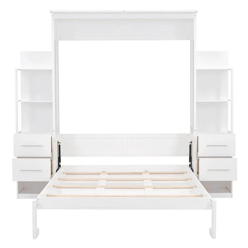Queen Size Wall Bed with Shelves, Drawers and LED Lights