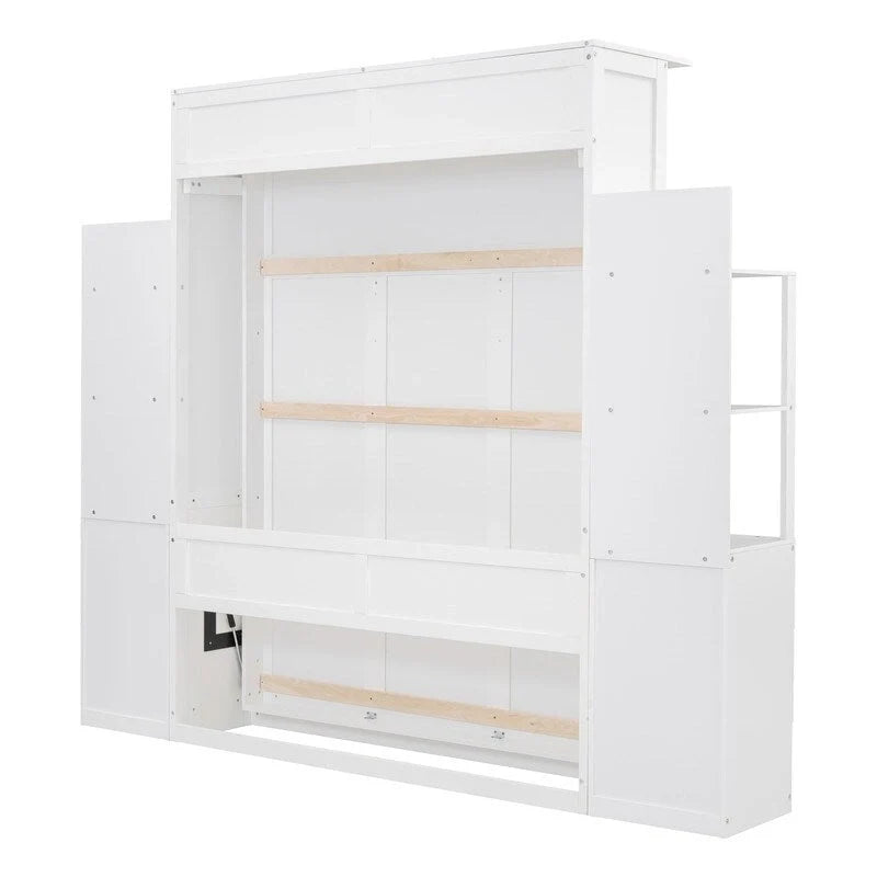 Queen Size Wall Bed with Shelves, Drawers and LED Lights