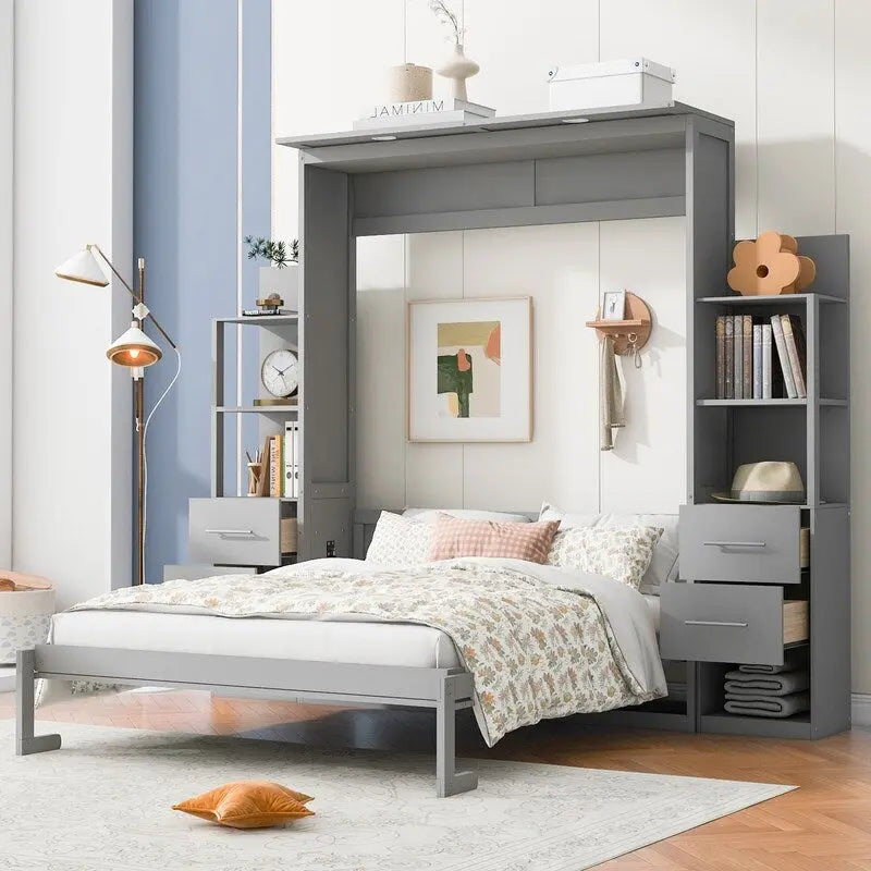Queen Size Wall Bed with Shelves, Drawers and LED Lights