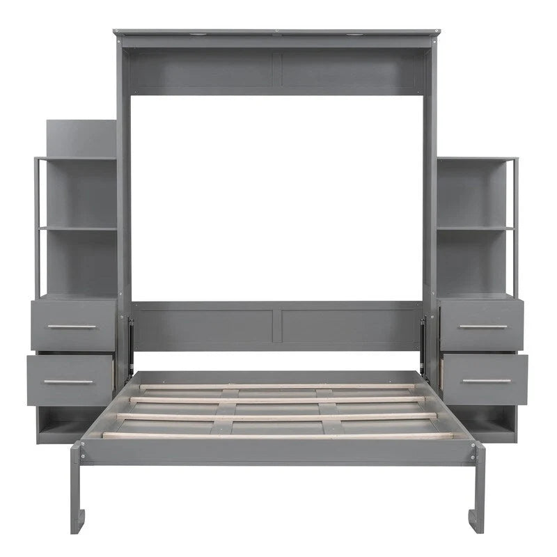 Queen Size Wall Bed with Shelves, Drawers and LED Lights