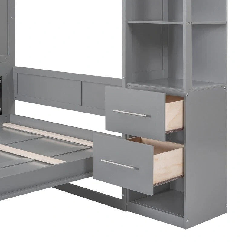 Queen Size Wall Bed with Shelves, Drawers and LED Lights