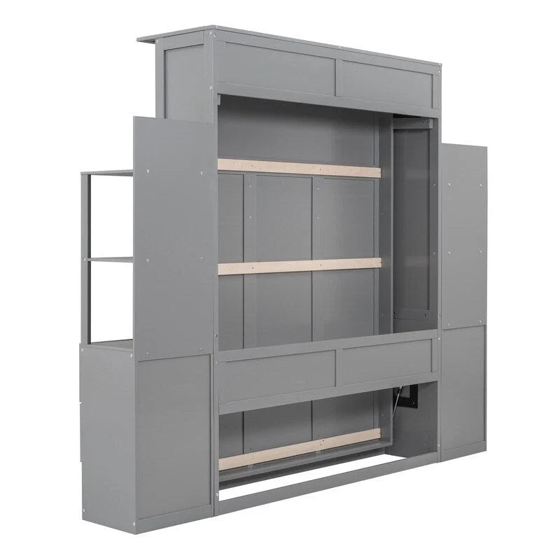 Queen Size Wall Bed with Shelves, Drawers and LED Lights