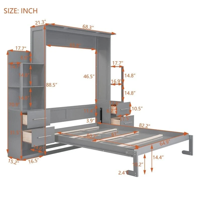 Queen Size Wall Bed with Shelves, Drawers and LED Lights