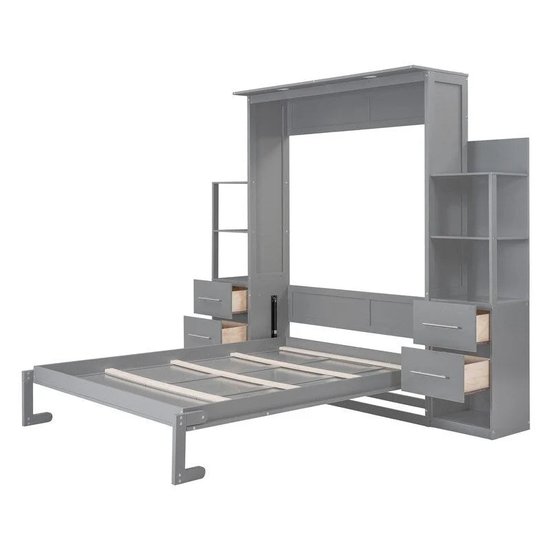 Queen Size Wall Bed with Shelves, Drawers and LED Lights