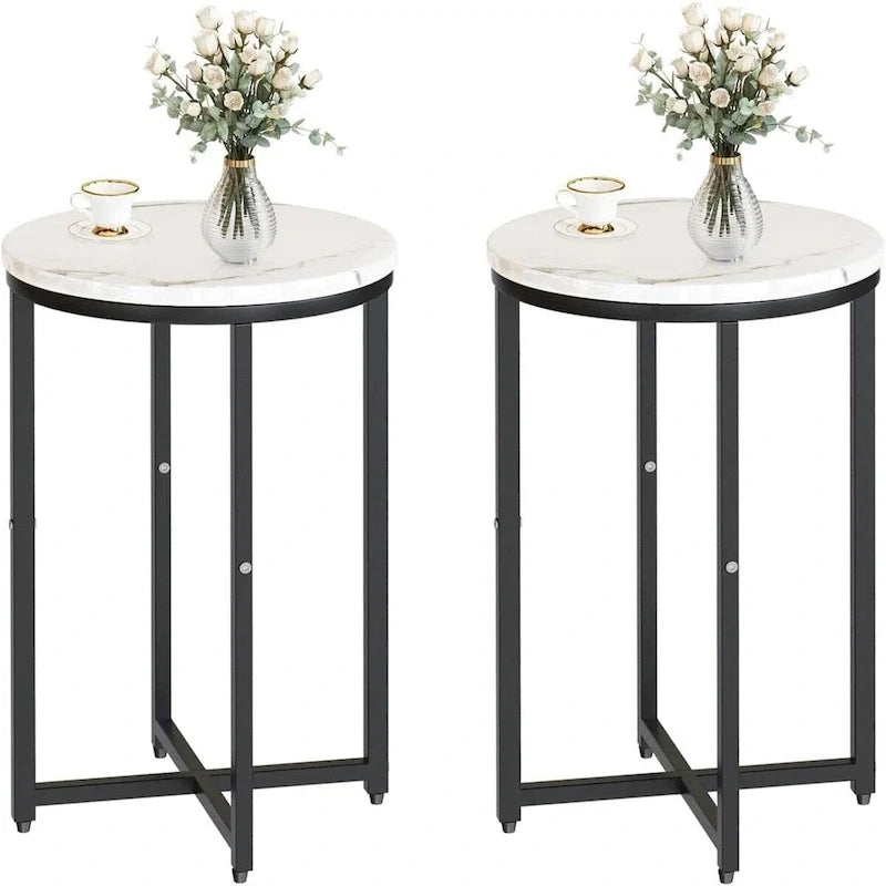 Round End Table Set of 2 with Faux Marble Top and Metal Frame
