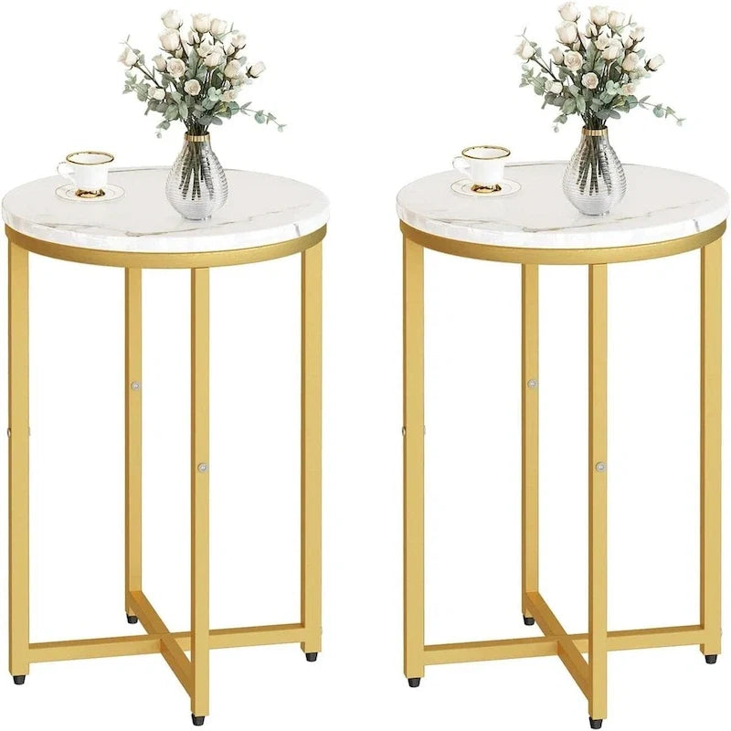 Round End Table Set of 2 with Faux Marble Top and Metal Frame