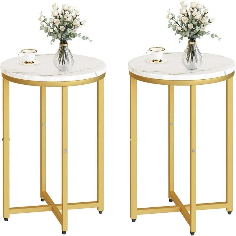Round End Table Set of 2 with Faux Marble Top and Metal Frame