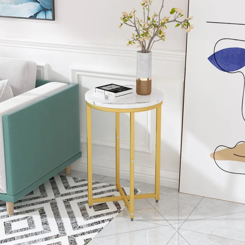 Round End Table Set of 2 with Faux Marble Top and Metal Frame