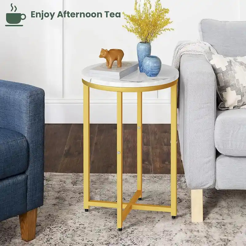 Round End Table Set of 2 with Faux Marble Top and Metal Frame