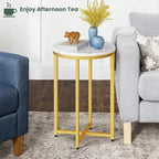 Round End Table Set of 2 with Faux Marble Top and Metal Frame