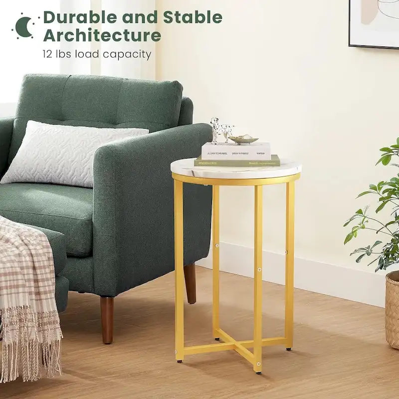 Round End Table Set of 2 with Faux Marble Top and Metal Frame