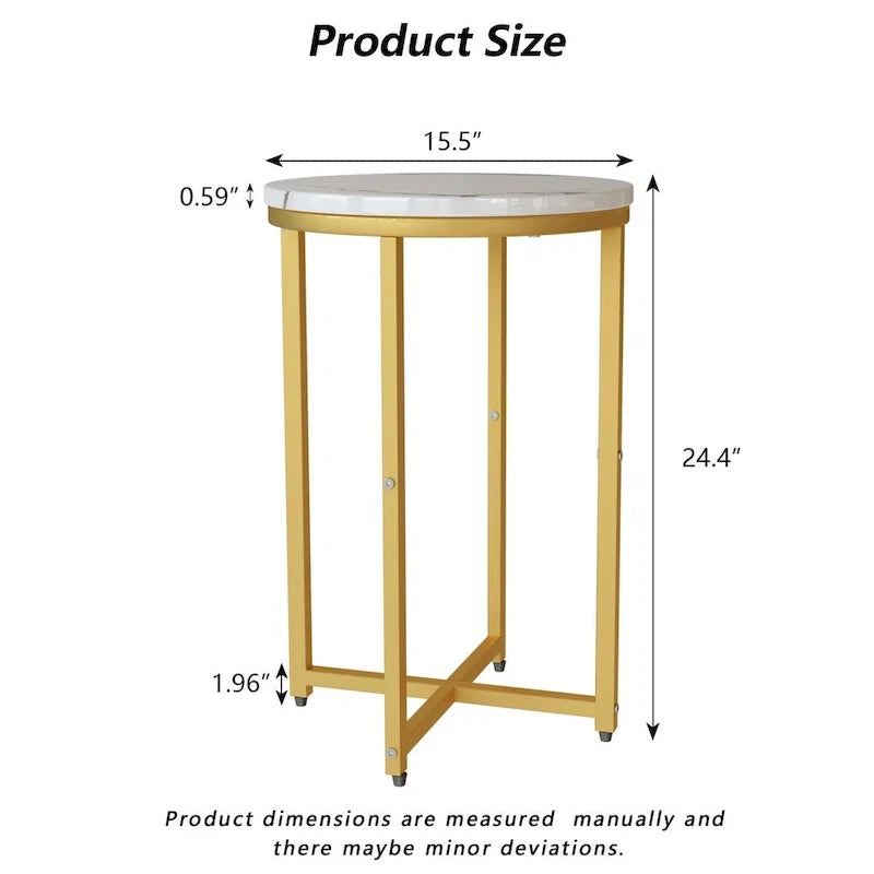 Round End Table Set of 2 with Faux Marble Top and Metal Frame