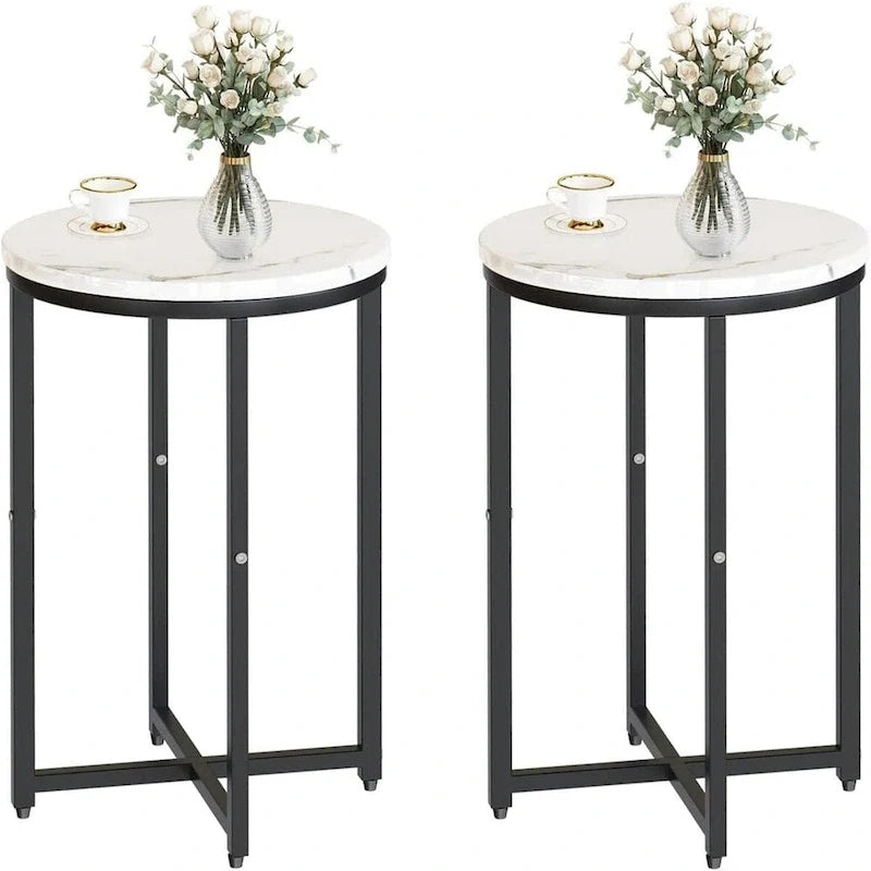 Round End Table Set of 2 with Faux Marble Top and Metal Frame