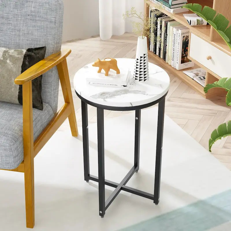 Round End Table Set of 2 with Faux Marble Top and Metal Frame