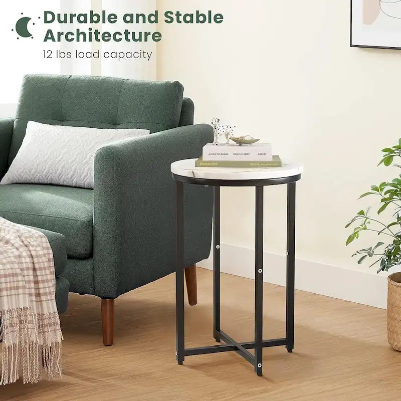Round End Table Set of 2 with Faux Marble Top and Metal Frame