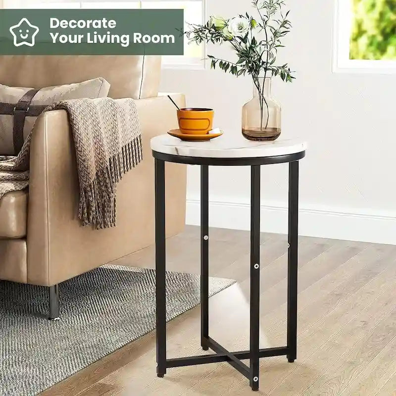 Round End Table Set of 2 with Faux Marble Top and Metal Frame
