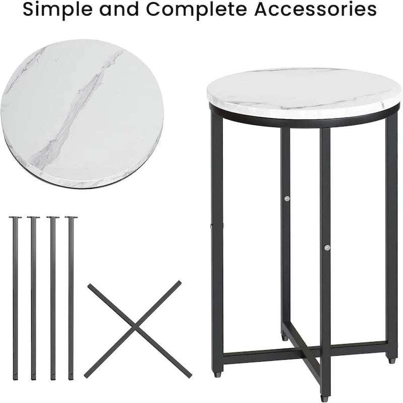 Round End Table Set of 2 with Faux Marble Top and Metal Frame