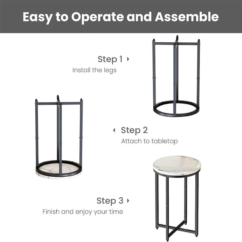 Round End Table Set of 2 with Faux Marble Top and Metal Frame