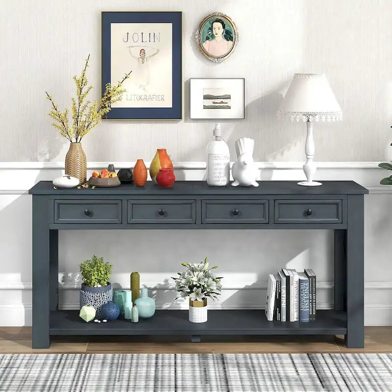 4-Drawer Console Table with Lower Shelf