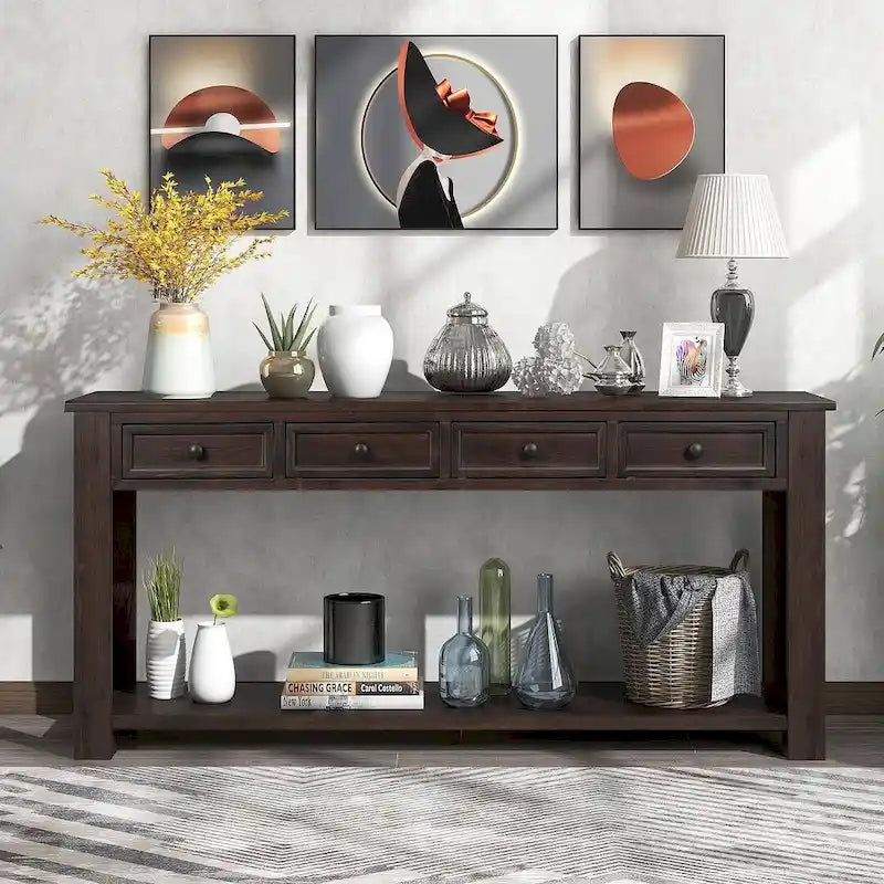 4-Drawer Console Table with Lower Shelf