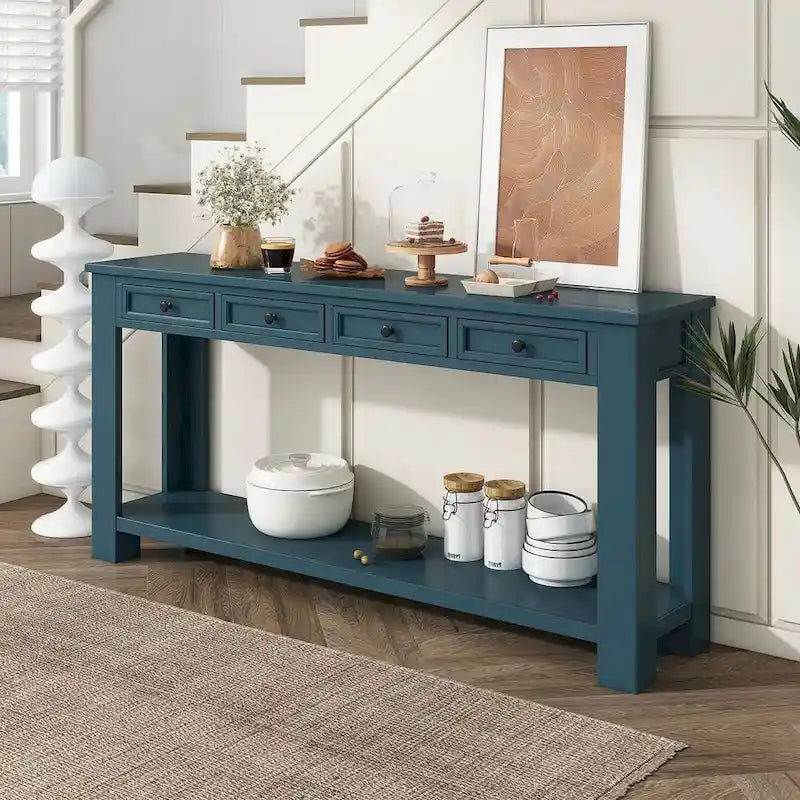 4-Drawer Console Table with Lower Shelf