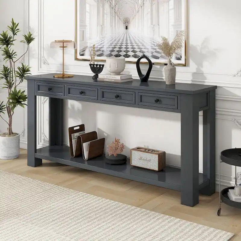 4-Drawer Console Table with Lower Shelf