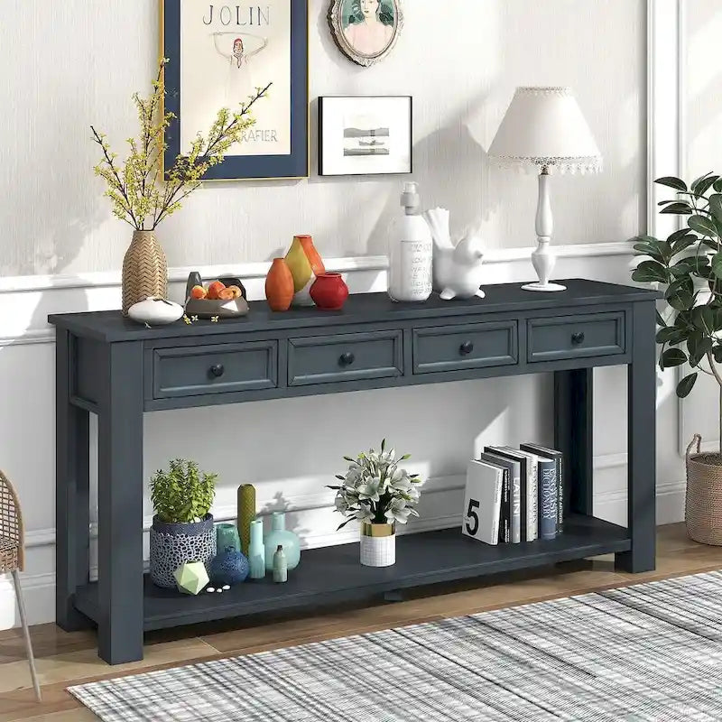 4-Drawer Console Table with Lower Shelf