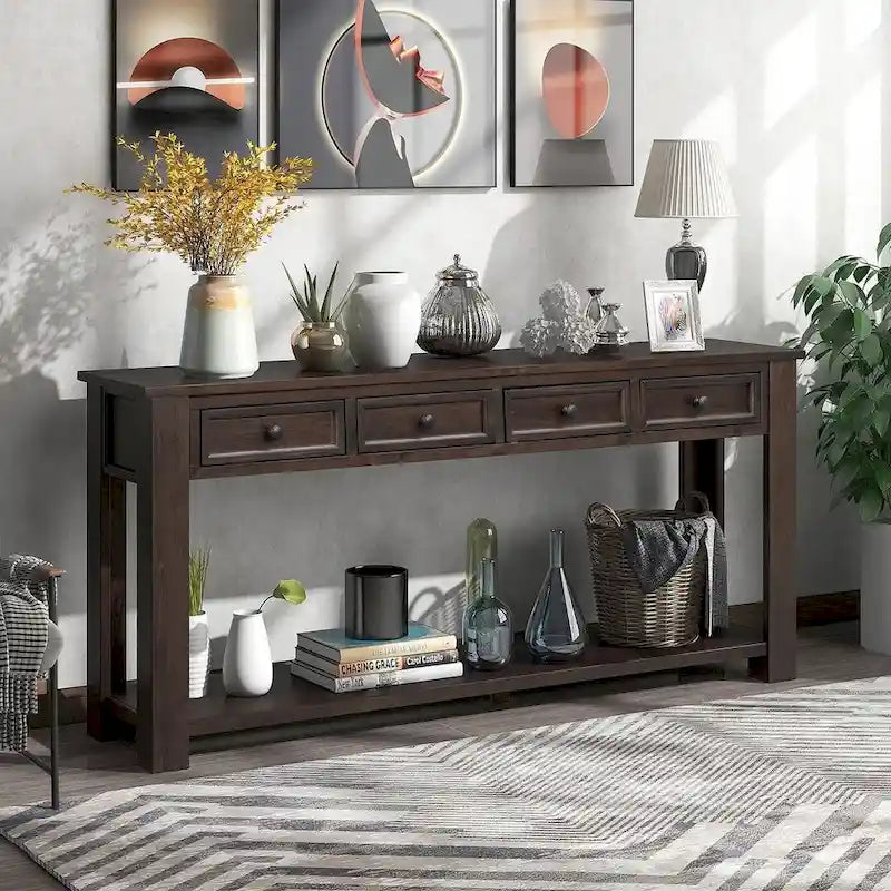 4-Drawer Console Table with Lower Shelf