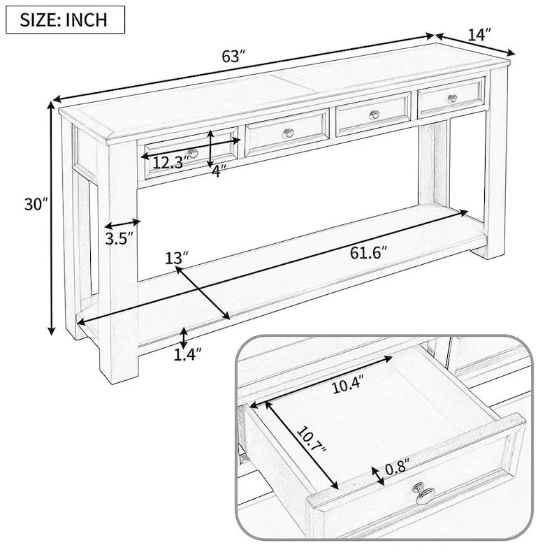 4-Drawer Console Table with Lower Shelf