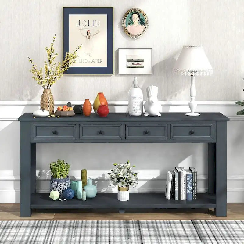 4-Drawer Console Table with Lower Shelf