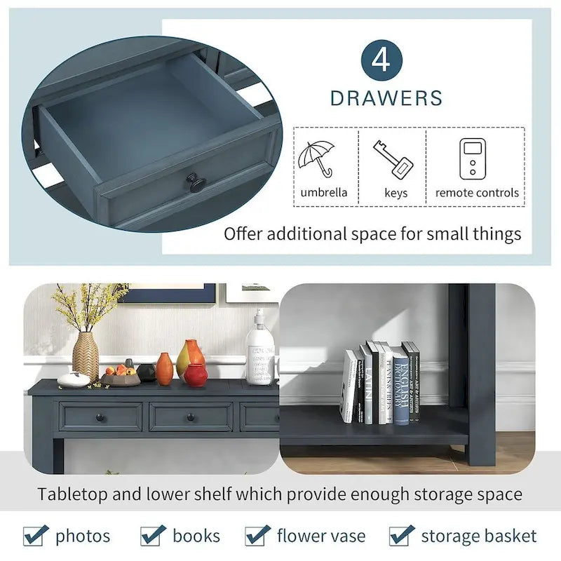 4-Drawer Console Table with Lower Shelf