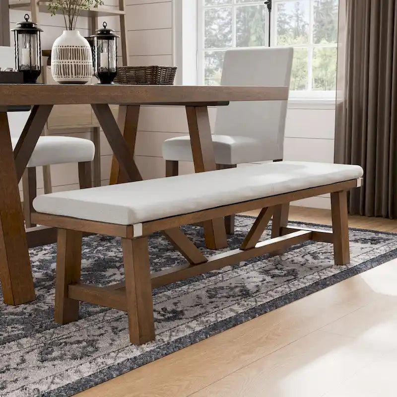 Rustic Ivory Padded Fabric 60-Inch Dining Bench