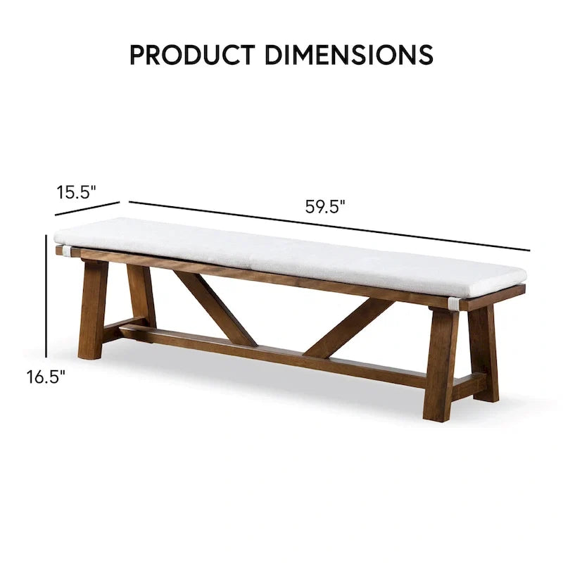 Rustic Ivory Padded Fabric 60-Inch Dining Bench